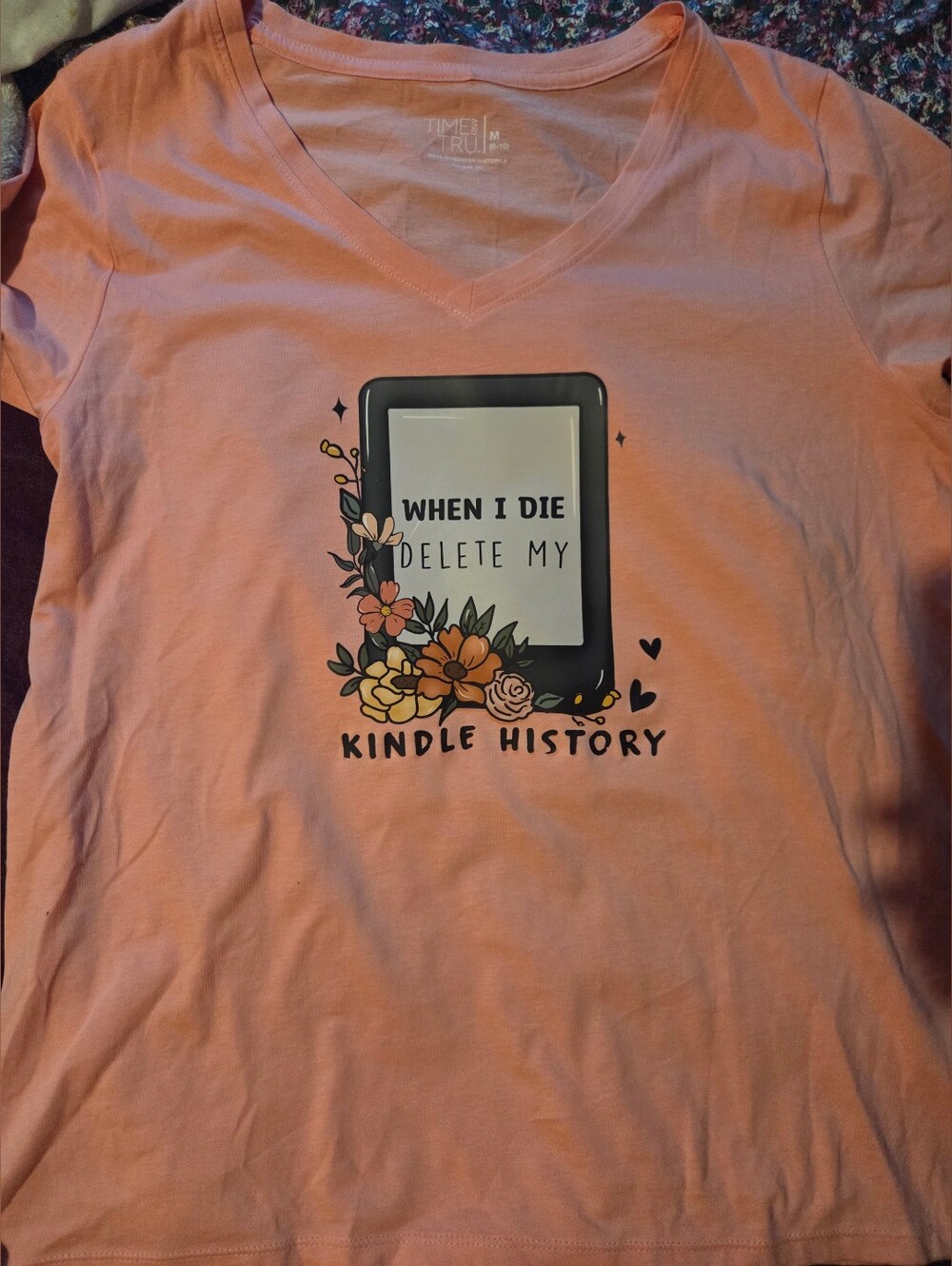 Womans Funny Time and Tru Pink Graphic V-Neck Tee - Delete My Kindle History